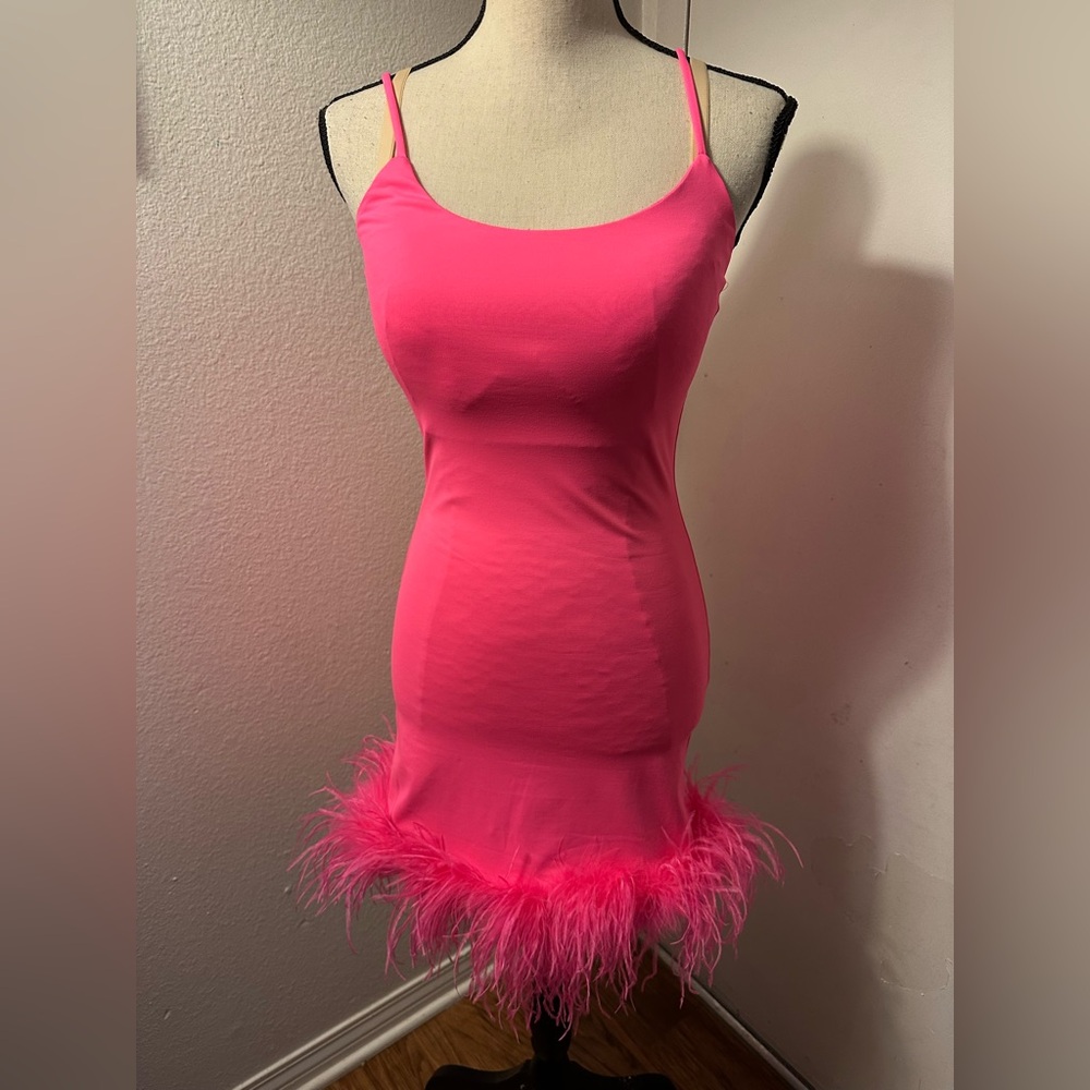 White Fox Boutique Hot Pink Feather Trim Mini Dress
